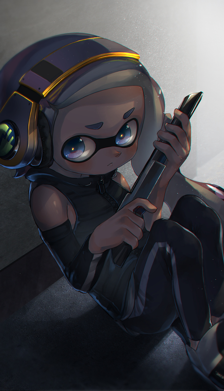 against_wall asymmetrical_hair bare_shoulders black_pants black_vest blue_eyes chromatic_aberration closed_mouth commentary domino_mask expressionless finger_on_trigger grey_hair gun highres holding holding_gun holding_weapon inkling inkling_(language) kashu_(hizake) knees_up light long_hair looking_at_viewer mask monster_girl n-zap_(splatoon) pants shadow shoes short_eyebrows single_arm_warmer single_vertical_stripe sitting solo splatoon_(series) splatoon_2 tentacle_hair vest weapon white_footwear zipper zipper_pull_tab
