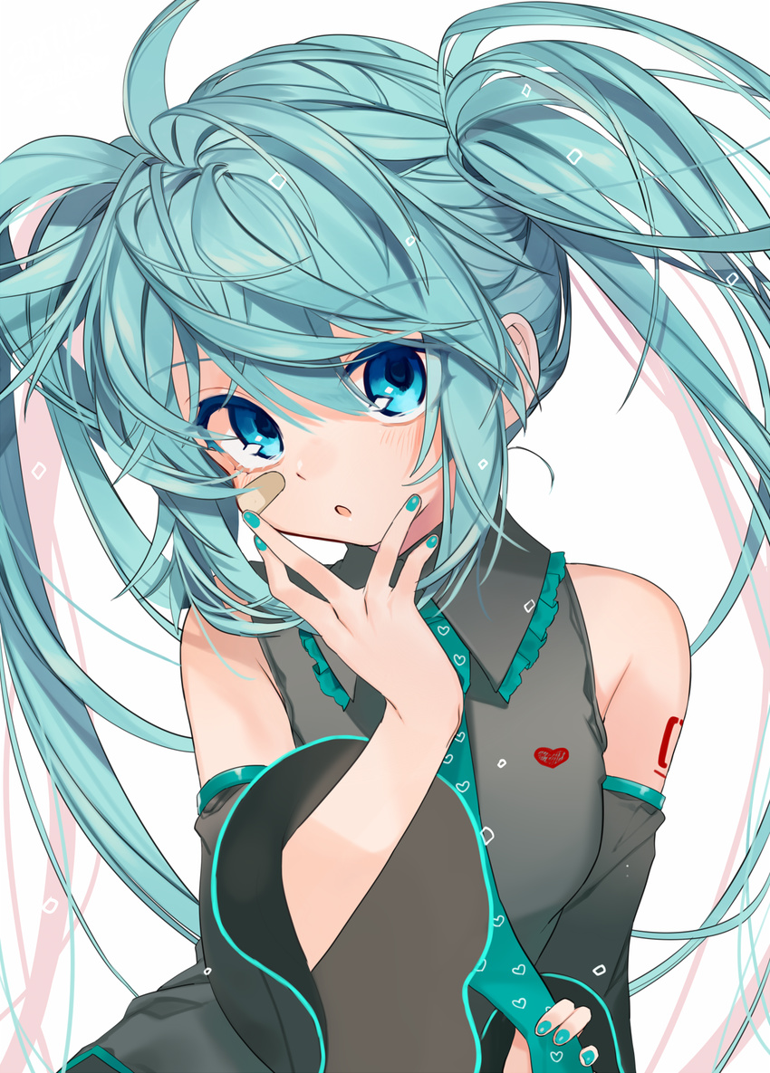 aqua_hair bandaid bandaid_on_face bare_shoulders blue_eyes blue_nails blue_neckwear detached_sleeves gotoh510 hatsune_miku heart highres long_hair looking_at_viewer messy_hair nail_polish necktie parted_lips shirt sleeveless sleeveless_shirt solo twintails upper_body vocaloid