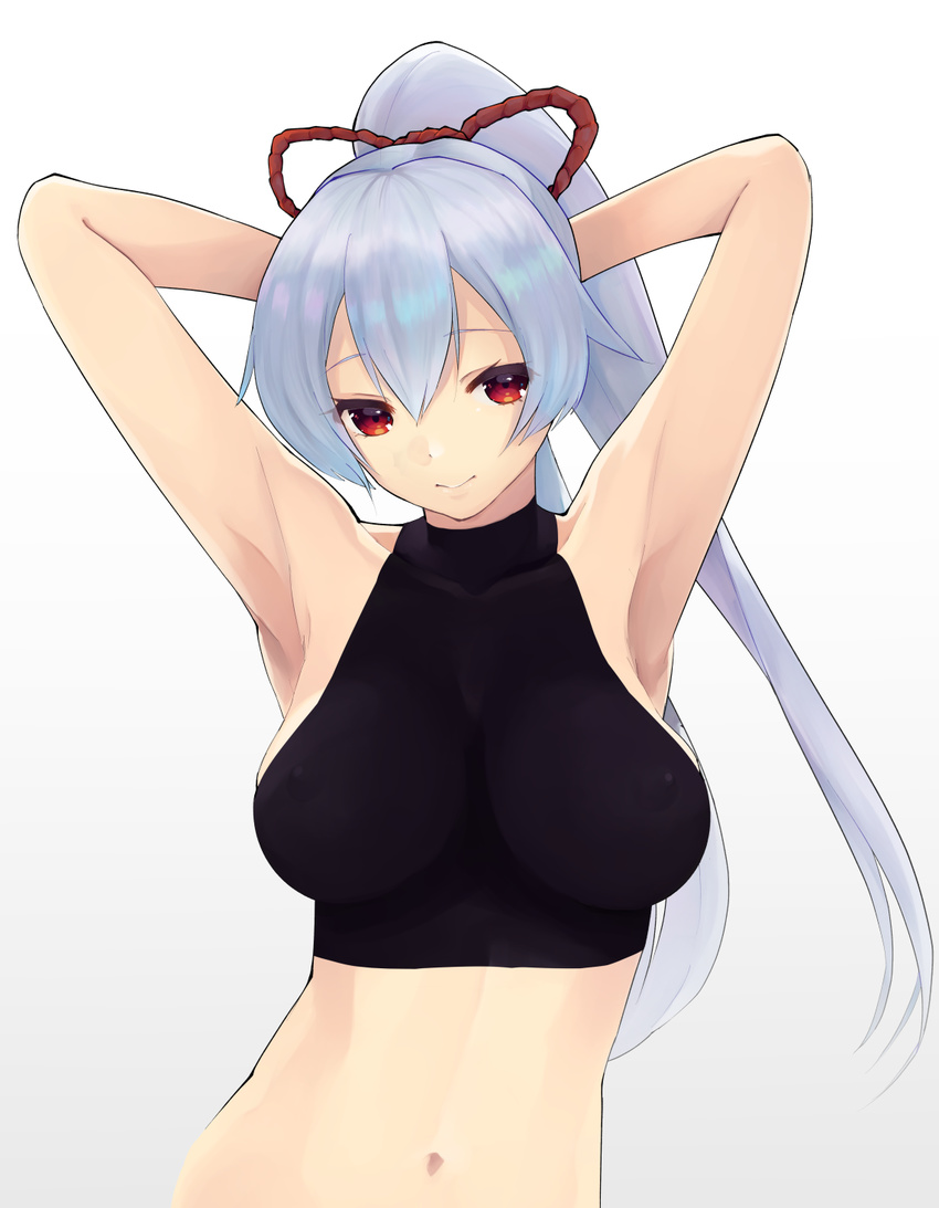 5saiji armpits arms_behind_head arms_up bangs blue_hair blush breasts closed_mouth collarbone covered_nipples crop_top fate/grand_order fate_(series) gradient gradient_background grey_background hair_ribbon high_ponytail highres large_breasts long_hair looking_at_viewer navel ponytail red_eyes red_ribbon ribbon sideboob sleeveless smile solo stomach taut_clothes tomoe_gozen_(fate/grand_order) upper_body