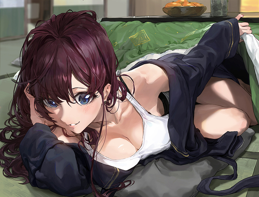 bare_shoulders blue_eyes blurry blurry_background blush breasts cleavage commentary earrings eyebrows_visible_through_hair food fruit hand_in_hair ichinose_shiki idolmaster idolmaster_cinderella_girls indoors jewelry kotatsu kotatsu_invitation long_hair long_sleeves looking_at_viewer lying mandarin_orange medium_breasts mossi nail_polish off_shoulder on_side parted_lips pillow purple_hair red_nails shirt sleeveless sleeveless_shirt solo table under_kotatsu under_table wavy_hair white_shirt