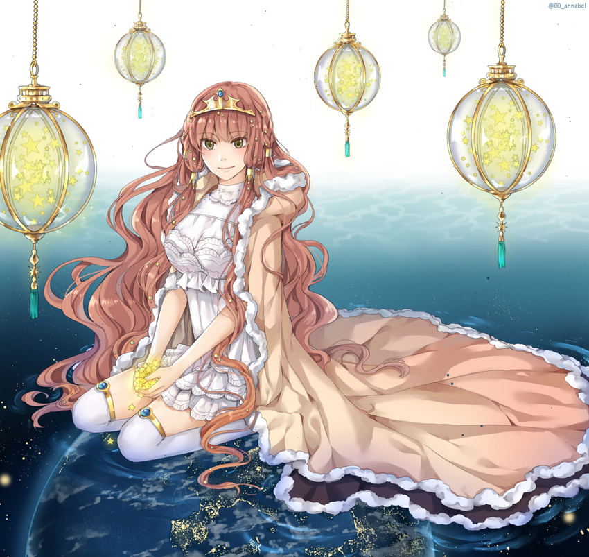 annabel-m breasts brown_cape brown_hair cape cleavage closed_mouth dress earth eyebrows_visible_through_hair fur_trim green_eyes holding_star large_breasts long_hair looking_at_viewer original planet seiza sitting smile solo space star star_(sky) thighhighs tiara twitter_username very_long_hair white_dress white_legwear