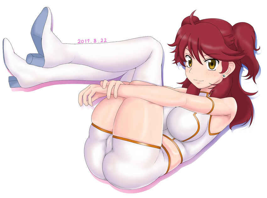 1girl artist_request ass bare_shoulders blush boots breasts earrings freckles gundam gundam_00 high_heel_boots large_breasts leg_hug legs long_hair nena_trinity red_hair shiny shiny_clothes shorts smile solo two_side_up yellow_eyes
