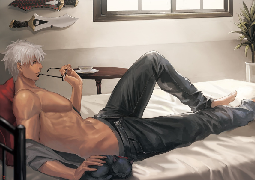 archer barefoot bed cat cup dark_skin dark_skinned_male eyewear_removed fate/stay_night fate_(series) highres interior jakojakojako kanshou_&amp;_bakuya looking_at_viewer male_focus off_shoulder open_fly pants pectorals petting shirtless sleeping teacup toned toned_male underwear_peek unzipped white_hair window