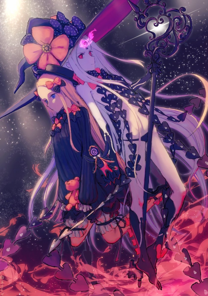 abigail_williams_(fate/grand_order) bangs black_bow black_dress black_hat black_panties blonde_hair blue_eyes bow commentary_request dress dual_persona fate/grand_order fate_(series) hair_bow hand_on_hip hat hat_bow highres holding holding_staff long_hair long_sleeves looking_at_viewer looking_away matsuoka_(mtok_0) multiple_girls orange_bow panties polka_dot polka_dot_bow red_eyes sleeves_past_wrists staff stuffed_animal stuffed_toy teddy_bear underwear very_long_hair white_hair witch_hat