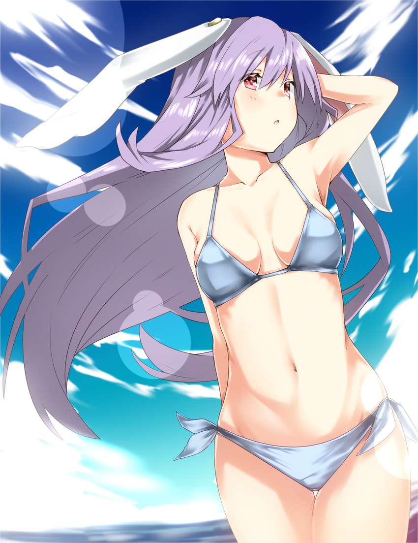 animal_ears arm_behind_head bare_arms bare_shoulders bikini breasts bunny_ears collarbone commentary_request cowboy_shot day highres kz_oji long_hair looking_at_viewer navel parted_lips purple_hair red_eyes reisen_udongein_inaba side-tie_bikini sky small_breasts solo swimsuit touhou very_long_hair water white_bikini
