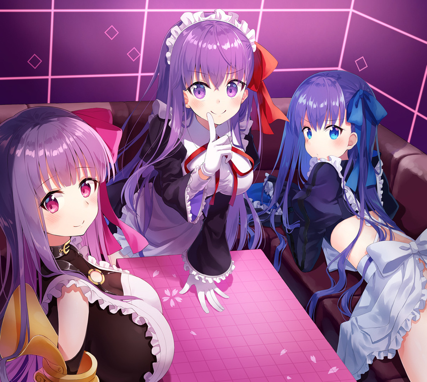 apron bangs bb_(fate)_(all) bb_(fate/extra_ccc) black_dress blue_eyes blue_hair blue_ribbon blunt_bangs blush breasts buckle cleavage closed_mouth collar couch crop_top dress eyebrows_visible_through_hair fate/extra fate/extra_ccc fate_(series) frilled_apron frilled_sleeves frills hair_ribbon huge_breasts index_finger_raised indoors juliet_sleeves leaning_forward long_hair long_sleeves looking_at_viewer looking_back looking_to_the_side maid_headdress medium_breasts meltlilith multiple_girls neck_ribbon nonono on_couch passion_lip petals pink_eyes pink_ribbon puffy_sleeves purple_eyes purple_hair red_neckwear red_ribbon ribbon shiny shiny_hair sleeves_past_wrists smile smug table tareme upper_body v-shaped_eyebrows very_long_hair white_apron
