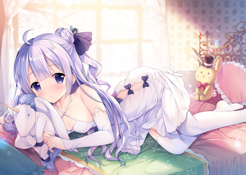 ahoge ass azur_lane bed bed_sheet bedroom commentary_request curtains day detached_sleeves dress hair_bun highres holding holding_stuffed_animal indoors long_hair looking_at_viewer lying no_shoes on_bed on_stomach one_side_up pillow purple_eyes purple_hair side_bun smile solo sousouman stuffed_alicorn stuffed_animal stuffed_bunny stuffed_toy sunlight unicorn_(azur_lane) wallpaper_(object) white_dress window