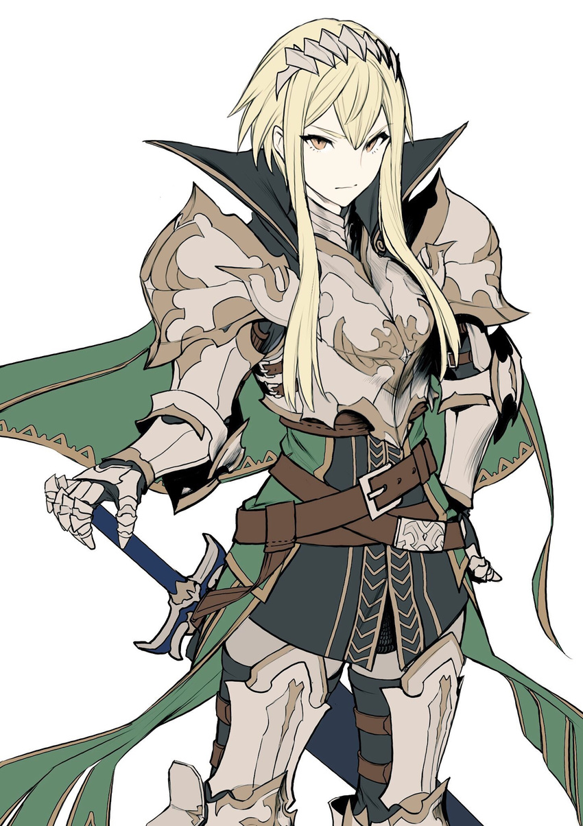 armor bad_id bad_twitter_id bangs belt black_legwear blonde_hair breastplate brown_eyes cape closed_mouth copyright_request cowboy_shot frown gauntlets greaves green_cape hand_on_hilt hand_on_hip headpiece high_collar highres long_hair looking_at_viewer maruchi pauldrons plate_armor simple_background solo standing sword thighhighs weapon white_background