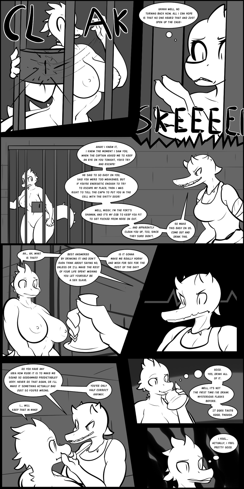 anthro aphrodisiac areola big_breasts big_butt breasts butt clothed clothing comic dialogue digital_media_(artwork) dungeon english_text female lagotrope lean_muscle lizardman muscular nipples nude pussy reptile scalie speech_bubble story_seeker text thick_thighs thought_bubble voluptuous