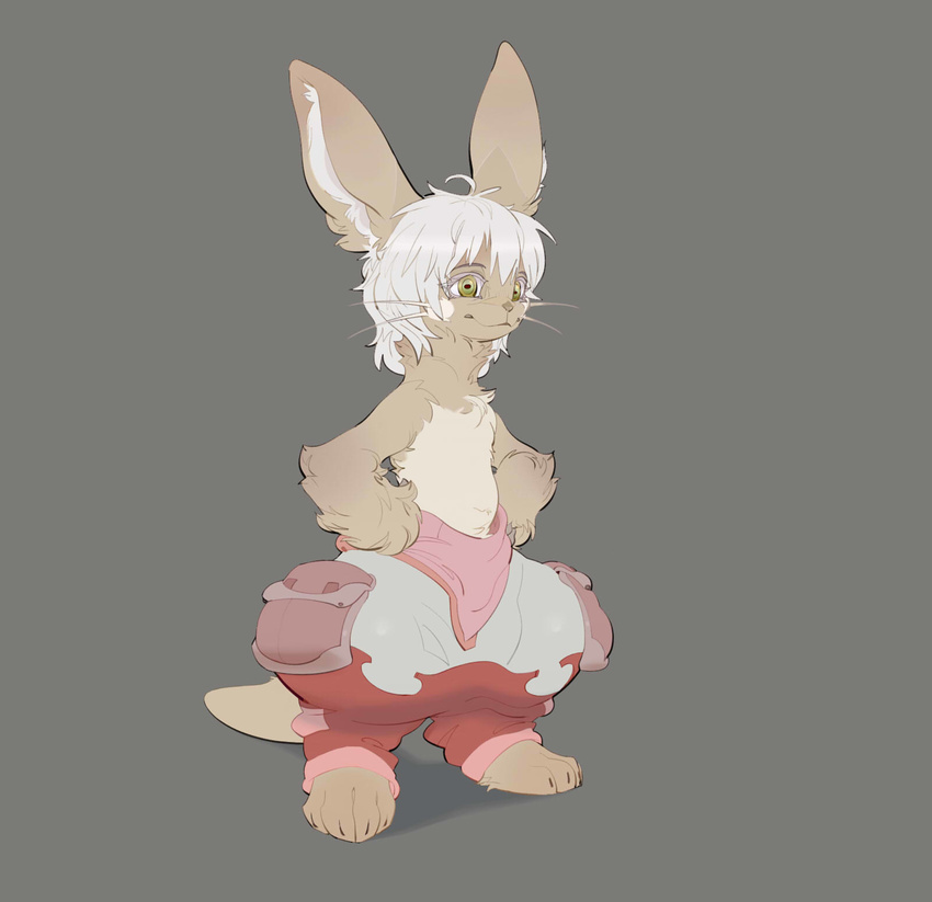 anthro brown_fur chest_tuft clothed clothing eyelashes female fur grey_background grey_hair hair junyoi lagomorph made_in_abyss mammal nanachi pants pouch rabbit simple_background smile solo topless tuft whiskers yellow_eyes
