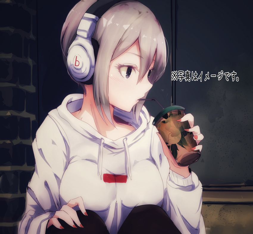 beats_by_dr._dre black_eyes commentary_request drinking drinking_straw grey_hair hair_between_eyes headphones highres idolmaster idolmaster_cinderella_girls knees_up nail_polish pantyhose red_nails ryuu. shiomi_shuuko short_hair sitting solo sweater white_sweater
