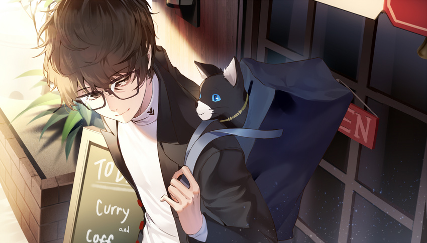 amamiya_ren backpack bad_id bad_pixiv_id bag black-framed_eyewear black_jacket brown_hair carchet cat closed_mouth commentary_request day english eyebrows_visible_through_hair glasses highres jacket long_sleeves menu morgana_(persona_5) persona persona_5 plant potted_plant shirt smile white_shirt
