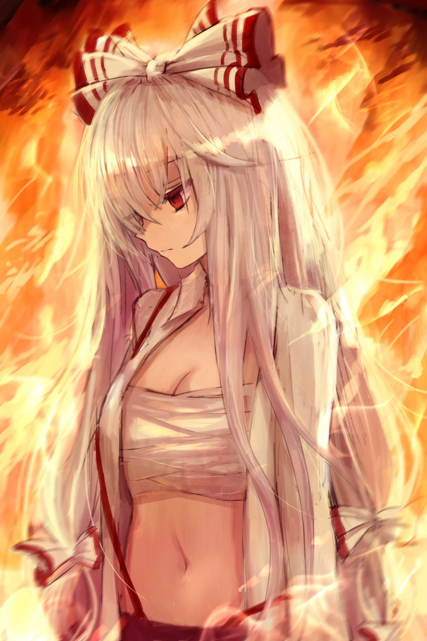 bangs bow breasts cleavage closed_mouth expressionless fire fujiwara_no_mokou hair_bow highres long_hair long_sleeves looking_down maho_moco navel open_clothes open_shirt pants red_eyes red_pants sarashi shirt small_breasts solo stomach suspenders touhou upper_body very_long_hair white_bow white_hair white_shirt wing_collar