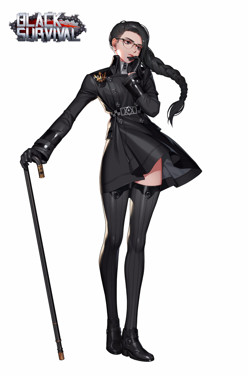 black_eyes black_hair black_legwear black_survival braid cane coat full_body hand_on_own_chin highres holding logo long_hair long_sleeves non-web_source official_art one_touch over-rim_eyewear semi-rimless_eyewear simple_background solo standing thighhighs white_background