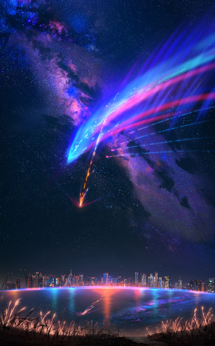 city_lights comet crane highres kimi_no_na_wa linxiaoming_(southcity) night night_sky no_humans plant reflection scenery sky skyline star_(sky) starry_sky water