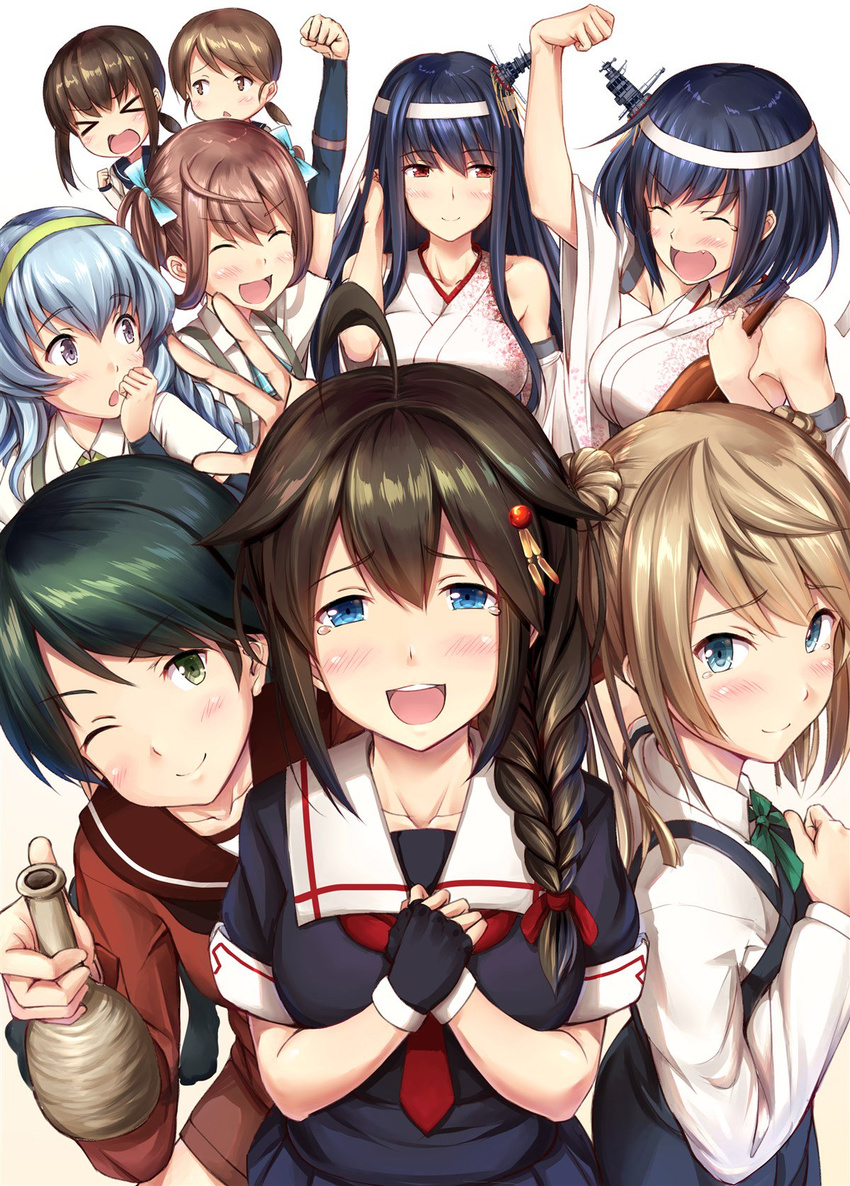 &gt;_&lt; :d :o ;) ^_^ ^o^ adjusting_hair ahoge asagumo_(kantai_collection) bangs black_dress black_gloves black_hair black_serafuku black_shirt blonde_hair blue_eyes blue_hair blue_ribbon blush bow braid breasts brown_hair chestnut_mouth chibi chibi_inset clenched_hand closed_eyes commentary detached_collar detached_sleeves double_bun dress fang fingerless_gloves fubuki_(kantai_collection) fusou_(kantai_collection) gloves green_bow green_eyes green_hair green_hairband green_neckwear hair_ornament hair_over_shoulder hair_ribbon hairband hairpin hand_in_hair hand_on_own_face hand_up hands_on_own_chest happy happy_tears headband highres holding ichikawa_feesu japanese_clothes kantai_collection kimono large_breasts long_hair long_sleeves looking_at_viewer looking_to_the_side low_ponytail michishio_(kantai_collection) mogami_(kantai_collection) multiple_girls neckerchief odd_one_out one_eye_closed open_mouth own_hands_together pinafore_dress purple_eyes raised_fist red_eyes red_neckwear red_ribbon red_shirt remodel_(kantai_collection) ribbon round_teeth school_uniform serafuku shigure_(kantai_collection) shiny shiny_hair shirayuki_(kantai_collection) shirt short_hair sidelocks simple_background single_braid smile swept_bangs tareme tears teeth two_side_up upper_body v-shaped_eyebrows white_background white_kimono white_shirt wide_sleeves yamagumo_(kantai_collection) yamashiro_(kantai_collection)