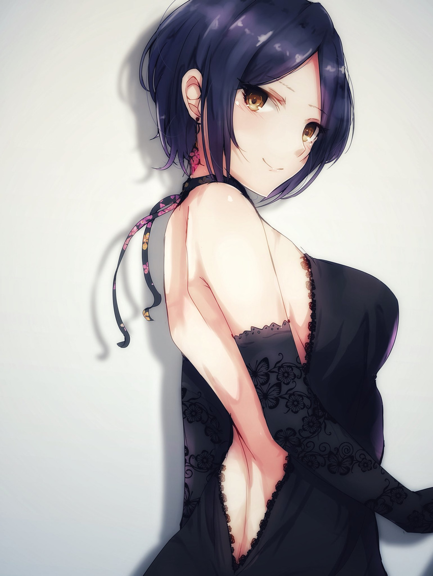 back backless_dress backless_outfit bangs bare_shoulders black_dress black_gloves blue_hair breasts commentary_request dress earrings elbow_gloves floral_print gloves grey_background hayami_kanade highres idolmaster idolmaster_cinderella_girls jewelry looking_at_viewer looking_to_the_side medium_breasts parted_bangs ryuu. shadow short_hair simple_background smile solo yellow_eyes
