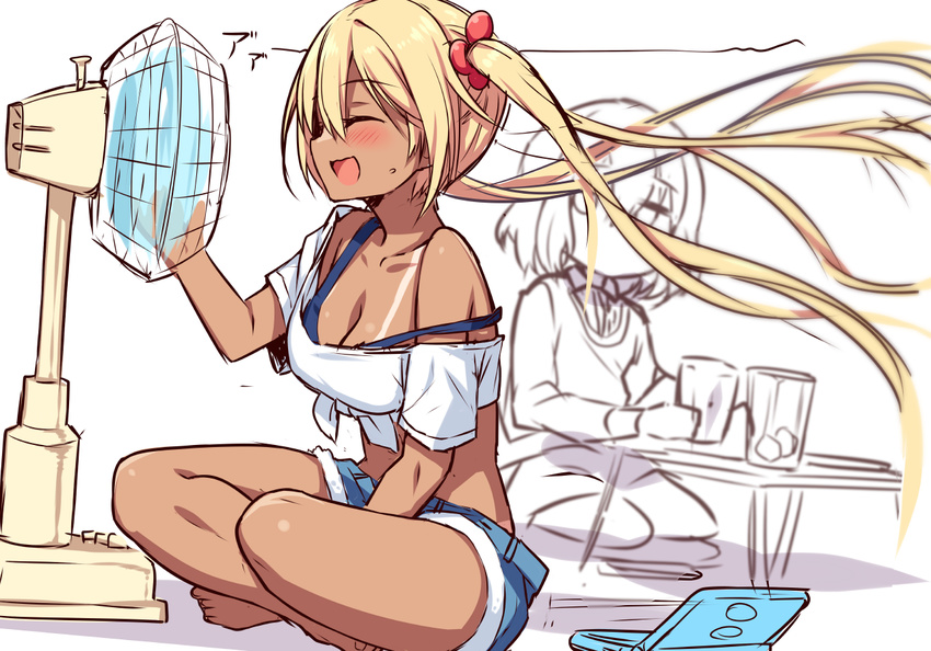 :d ^_^ bangs bare_shoulders bikini_tan blend_s blonde_hair blue_shorts blush breasts cleavage closed_eyes coffee_table collarbone collared_shirt commentary_request crop_top crossed_legs cup drinking_glass electric_fan eyebrows_visible_through_hair fan_speaking fanning_face fanning_self flower hair_between_eyes hair_flower hair_ornament hinata_kaho hiraga_matsuri hoshikawa_mafuyu ice ice_cube jitome large_breasts long_hair long_sleeves looking_at_another multiple_girls off_shoulder open_mouth partially_colored profile shirt short_hair short_shorts short_sleeves shorts sideways_mouth sitting sketch smile strap_slip sweat table tan tanline tied_shirt twintails very_long_hair white_shirt