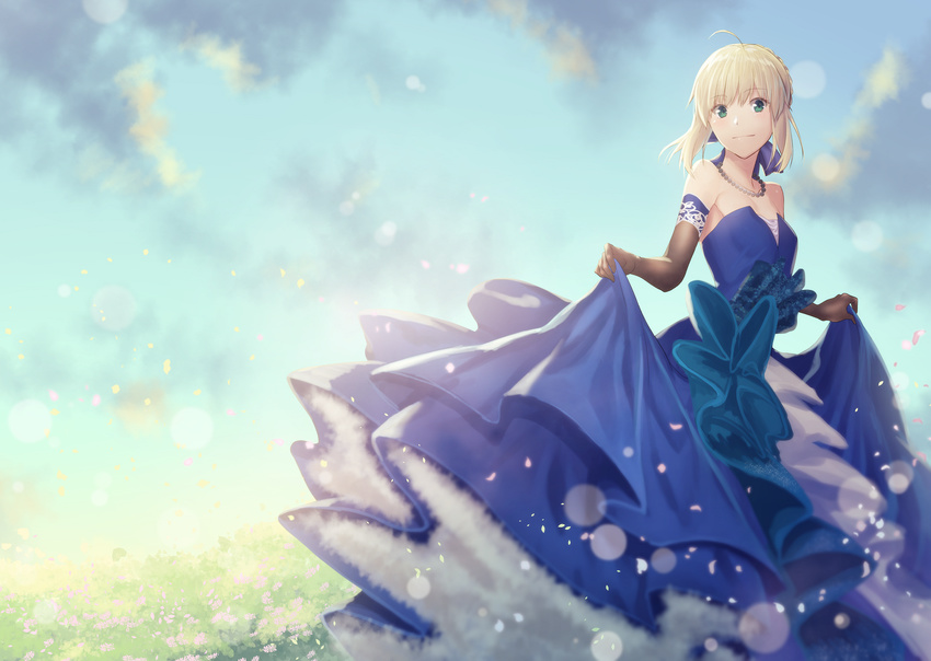 ahoge artoria_pendragon_(all) bad_id bad_pixiv_id black_gloves blonde_hair blue_dress breasts dress elbow_gloves fate/stay_night fate_(series) gloves green_eyes highres jewelry lip-mil necklace saber skirt_hold small_breasts solo
