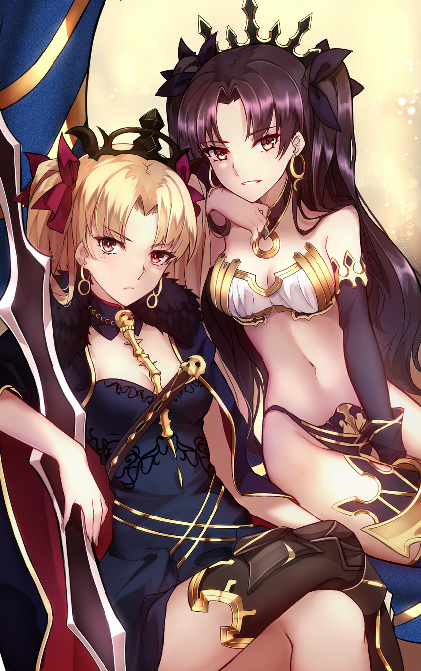 bandeau bangs bare_shoulders between_legs black_cloak black_dress black_hair black_legwear black_ribbon blonde_hair breasts buckle cleavage closed_mouth crossed_legs crown detached_collar dress dual_persona earrings ereshkigal_(fate/grand_order) eyebrows_visible_through_hair fate/grand_order fate_(series) fingernails frown fur-trimmed_cloak fur_trim gold_trim greaves hair_ribbon head_rest heavenly_boat_maanna highres holding holding_weapon hoop_earrings ishtar_(fate/grand_order) jewelry light_smile long_hair looking_at_viewer multiple_girls navel parted_bangs pelvic_curtain print_dress red_cloak red_eyes red_ribbon ribbon shiguru shiny shiny_hair single_sleeve single_thighhigh sitting skull small_breasts thighhighs tiara tsurime twintails two_side_up weapon
