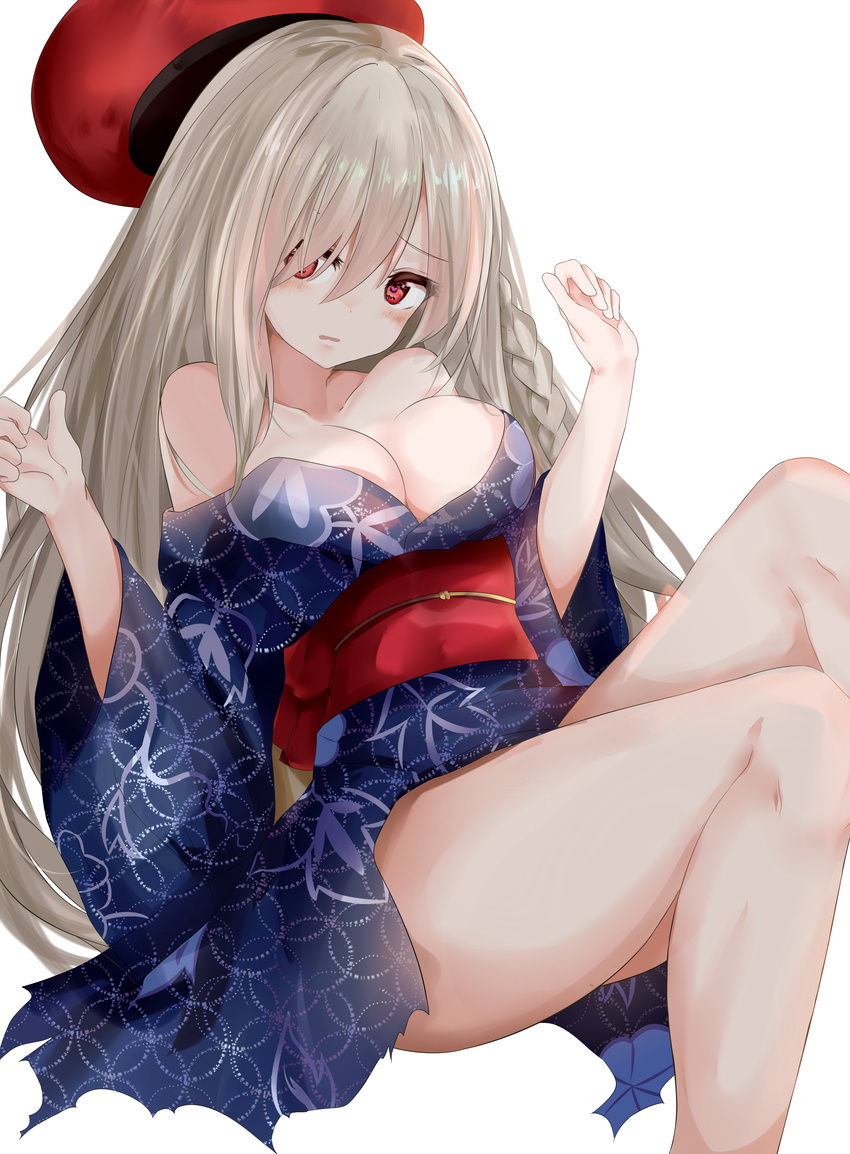absurdres barefoot beret braid breasts closed_mouth collarbone commentary damaged eyebrows_visible_through_hair g36c_(girls_frontline) girls_frontline grey_hair hair_over_one_eye hat head_tilt highres japanese_clothes kimono large_breasts long_hair looking_at_viewer obi off_shoulder red_eyes red_hair ru_zhai sash simple_background single_braid solo torn_clothes torn_kimono very_long_hair white_background