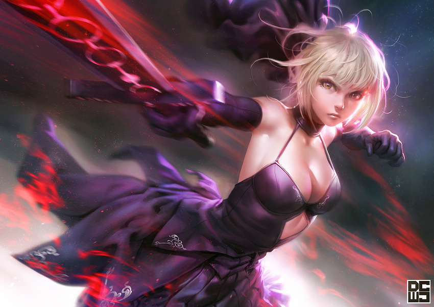 action argyle_cutout armpits artoria_pendragon_(all) bangs bare_shoulders battle blonde_hair blurry breasts brown_eyes cleavage closed_mouth cowboy_shot dark_background dark_excalibur dcwj dress elbow_gloves fate/stay_night fate_(series) frown gloves hair_ribbon holding holding_sword holding_weapon light_particles looking_at_viewer medium_breasts messy_hair motion_blur outstretched_arm purple_dress purple_gloves ribbon saber_alter serious sleeveless sleeveless_dress solo spaghetti_strap strap_gap sword weapon