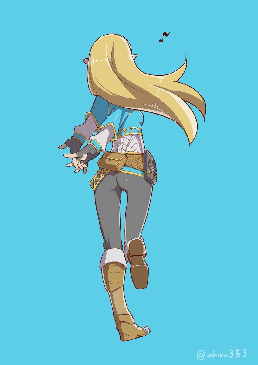 ass blue_background from_behind full_body gloves highres long_hair pants pointy_ears princess_zelda simple_background standing tanaka_ahiru the_legend_of_zelda the_legend_of_zelda:_breath_of_the_wild