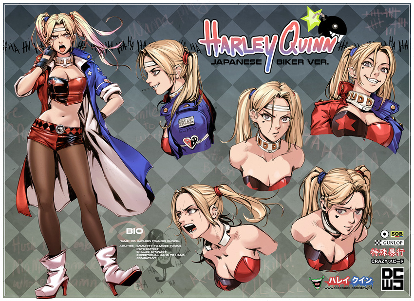 blonde_hair breasts character_name character_sheet cleavage collar dc_comics dcwj english fingerless_gloves full_body gloves grin harley_quinn high_heels looking_at_viewer medium_breasts midriff multiple_views navel open_mouth pantyhose shorts smile suicide_squad tally tokkoufuku twintails