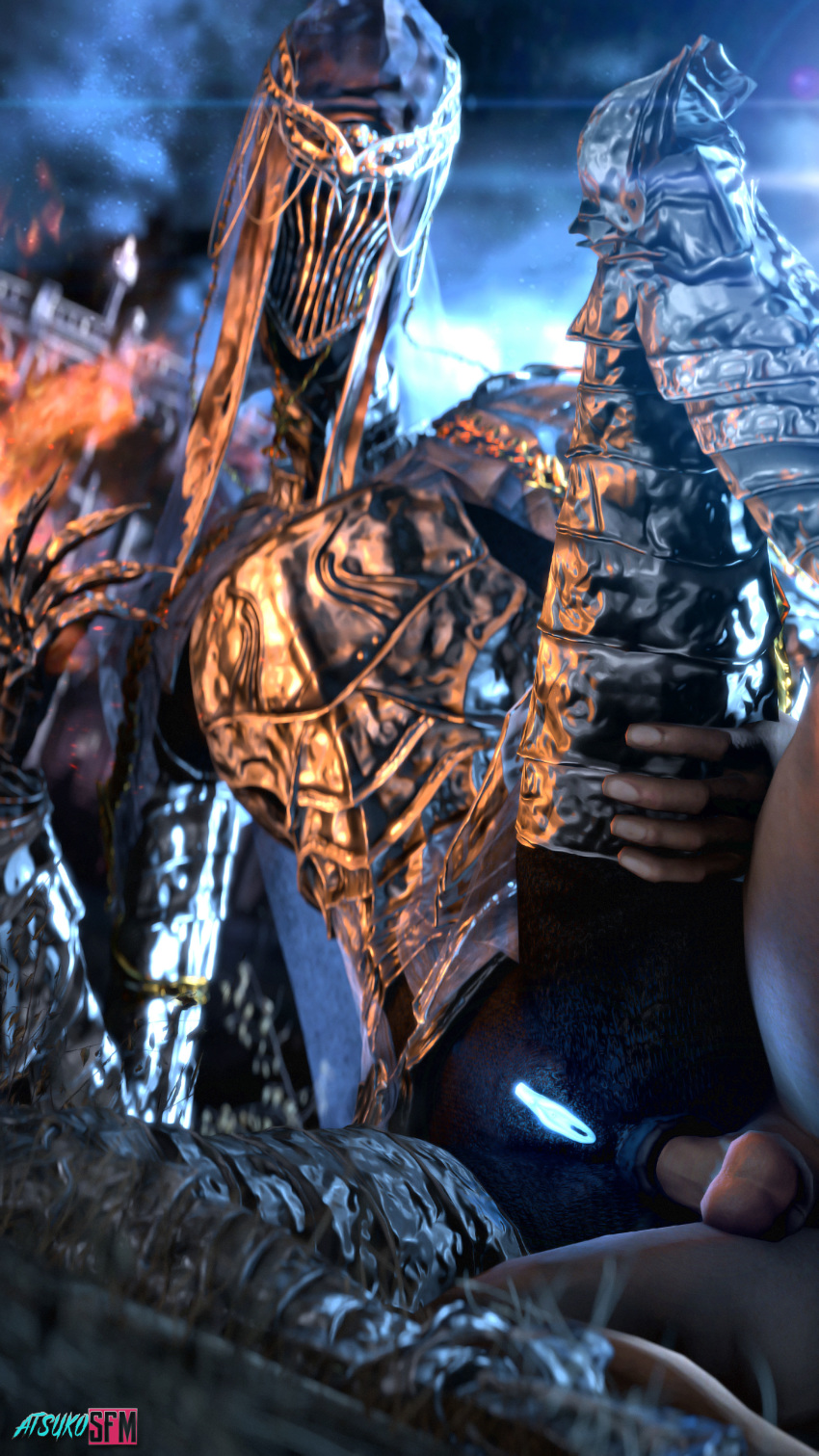 3d_(artwork) anal anal_penetration armor atsukosfm_(artist) balls blue_skin breasts butt clothed clothing dancer_of_the_boreal_valley dark_souls dark_souls_3 digital_media_(artwork) duo faceless_male female fromsoftware hi_res humanoid male male/female not_furry one_leg_up outside penetration penis pussy raised_leg solo_focus video_games