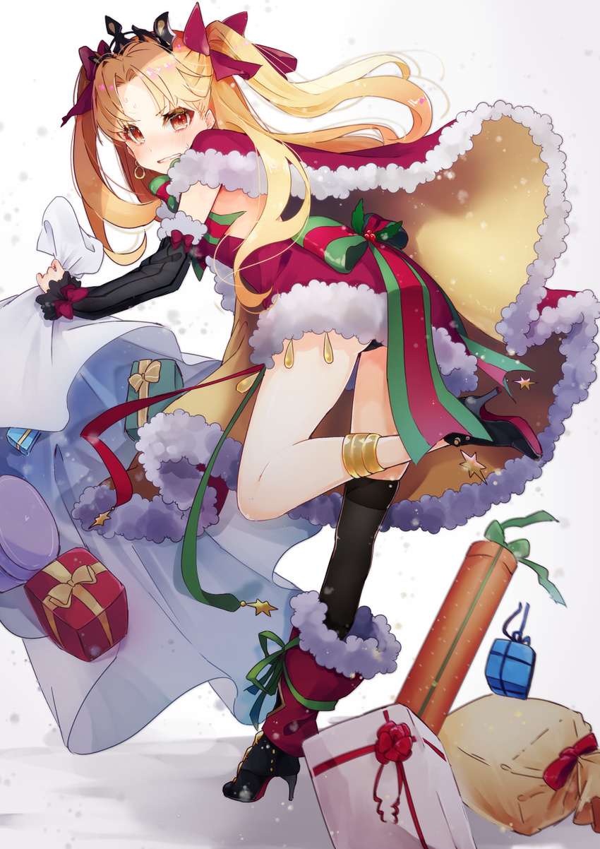 anklet ass backless_dress backless_outfit bag bangs black_footwear black_legwear black_panties black_sleeves blonde_hair blush bow cape commentary detached_sleeves dress dropping earrings ereshkigal_(fate/grand_order) eyebrows_visible_through_hair fate/grand_order fate_(series) frilled_sleeves frills from_behind fur-trimmed_cape fur-trimmed_dress fur-trimmed_sleeves fur_trim gift green_ribbon grimace hair_ribbon high_heels highres holding holding_bag holly hoshino_ruru jewelry leaning_forward long_hair looking_at_viewer looking_back motion_blur multicolored_bow orange_eyes panties pantyshot pantyshot_(standing) parted_bangs parted_lips red_cape red_dress red_ribbon ribbon sack santa_costume short_dress short_eyebrows single_thighhigh skindentation solo standing standing_on_one_leg star sweatdrop teeth thighhighs tiara two_side_up underwear v-shaped_eyebrows white_background