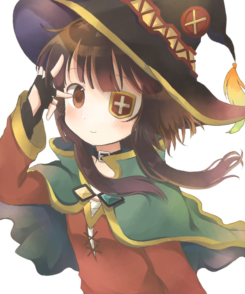 bad_id bad_pixiv_id black_hair blush borrowed_garments brown_eyes brown_hair capelet collar commentary eyepatch fingerless_gloves gloves hat highres kono_subarashii_sekai_ni_shukufuku_wo! megumin short_hair_with_long_locks solo upper_body v_over_eye white_background witch_hat yuno_(suke_yuno)