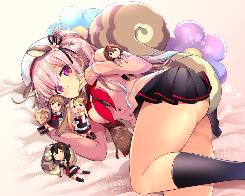 :d ahoge animal_ears ass bed_sheet beret black_hair black_serafuku black_skirt blue_hair blush_stickers bow braid brown_hair cardigan character_doll closed_mouth commentary_request gradient_hair hair_bow hair_flaps hair_ornament hair_ribbon hairband hairclip harusame_(kantai_collection) hat highres kantai_collection kemonomimi_mode light_brown_hair long_hair lying multicolored_hair murasame_(kantai_collection) on_side open_mouth pink_cardigan pink_hair pleated_skirt purple_eyes remodel_(kantai_collection) ribbon ringo_sui scarf school_uniform serafuku shigure_(kantai_collection) shiratsuyu_(kantai_collection) short_hair side_ponytail single_braid sitting size_difference skirt smile solo squirrel squirrel_ears squirrel_girl squirrel_tail tail twintails yuudachi_(kantai_collection)