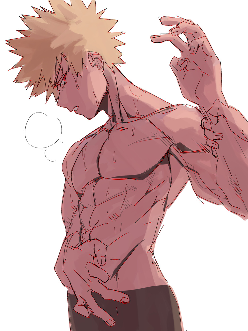 1boy abs blonde_hair boku_no_hero_academia male_focus muscle neonbur red_eyes solo steam sweat topless