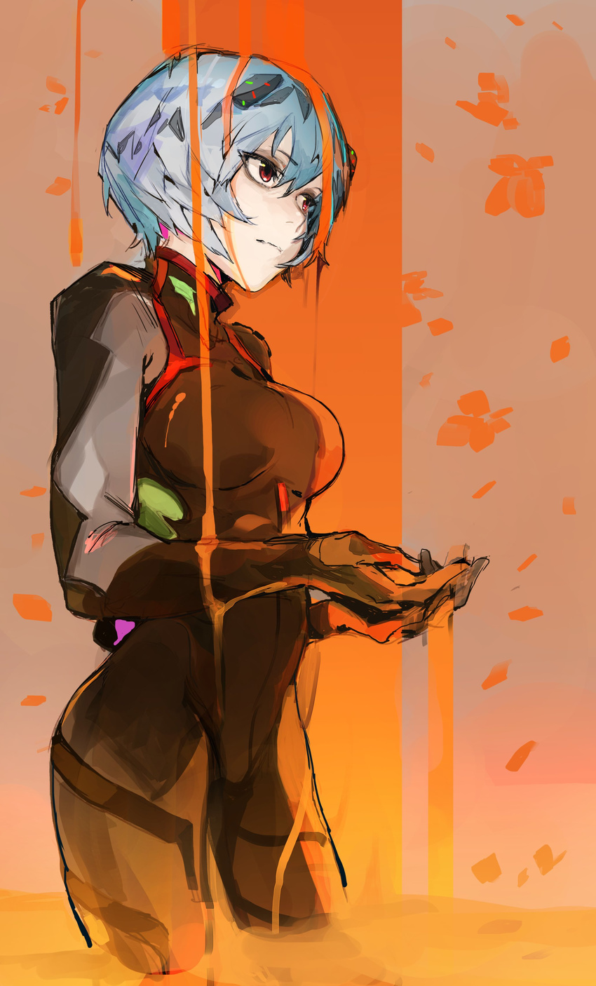 absurdres ayanami_rei bangs black_bodysuit blue_hair bodysuit breasts closed_mouth commentary_request cowboy_shot dripping evangelion:_3.0_you_can_(not)_redo expressionless eyebrows_visible_through_hair from_side gloves hair_between_eyes hands_together headgear highres hiranko lcl legs_apart looking_away medium_breasts neon_genesis_evangelion pale_skin pilot_suit plugsuit rebuild_of_evangelion red_eyes sketch solo standing turtleneck wet