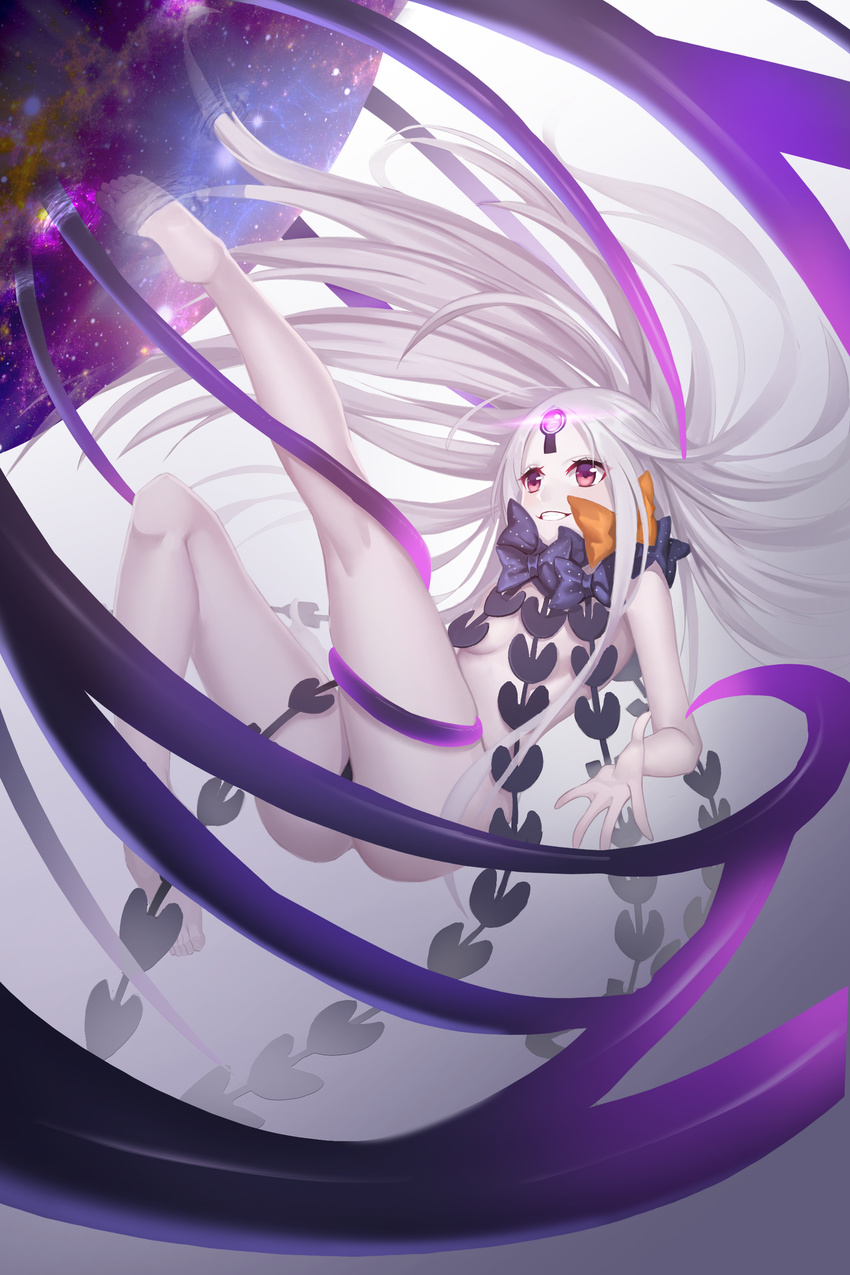 abigail_williams_(fate/grand_order) absurdres ass bare_arms bare_legs barefoot black_bow blush bow breasts commentary_request facial_mark fate/grand_order fate_(series) floating forehead_mark gaoyang_ou_nisang grin highres keyhole long_hair md5_mismatch nebula orange_bow orb red_eyes revealing_clothes revision silver_hair sky small_breasts smile solo space star_(sky) starry_sky tentacles very_long_hair