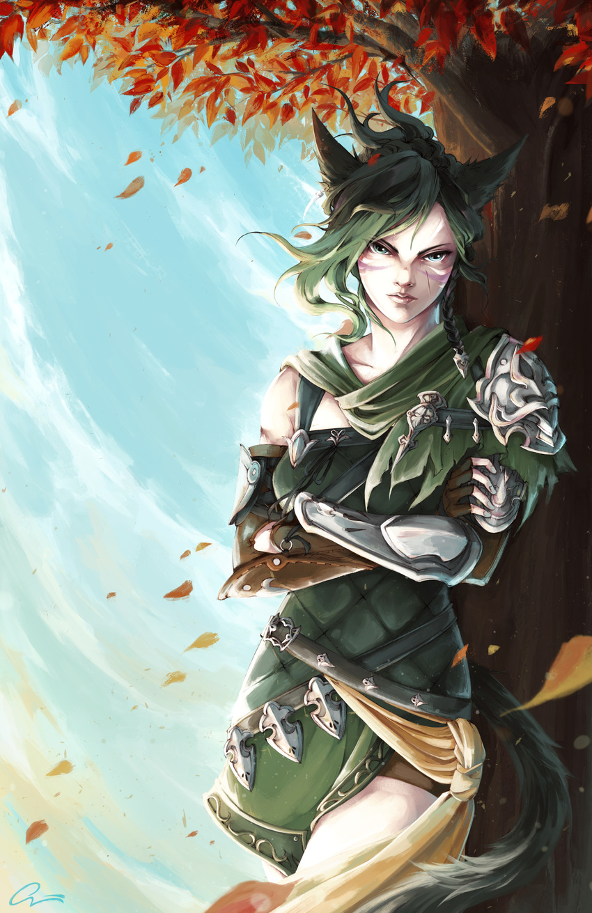 absurdres autumn_leaves blue_sky braid cat_tail commentary commission day facial_mark final_fantasy final_fantasy_xiv fingerless_gloves gloves green_eyes green_hair highres leaning_on_object looking_at_viewer miqo'te onyrica outdoors scar short_hair sky solo tail tree wind