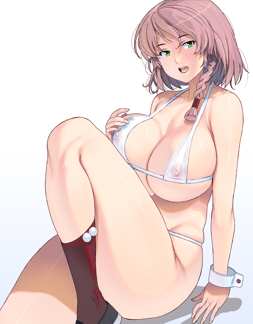 1girl bikini braid breasts brown_hair curvy female gradient_background green_eyes highres large_breasts leg_lift looking_at_viewer masao micro_bikini nipples open_mouth red_socks see-through shoes short_hair simple_background sitting socks solo swimsuit thighs white_bikini white_swimsuit
