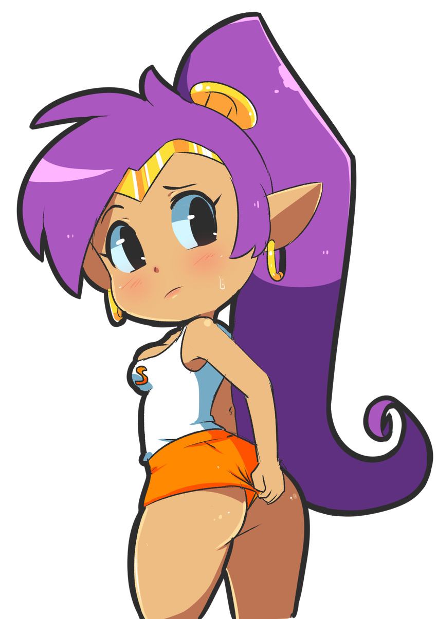 1girl adjusting_clothes alternate_costume ass bare_shoulders black_eyes blush breasts clothes_writing dark_skin earrings eric_lowery female from_behind highres hooters lips long_hair looking_back looking_to_the_side medium_breasts orange_shorts pointy_ears ponytail purple_hair shantae_(character) shantae_(series) shirt short_shorts shorts simple_background skindentation sleeveless sleeveless_shirt solo standing sweat text transparent_background uniform white_shirt
