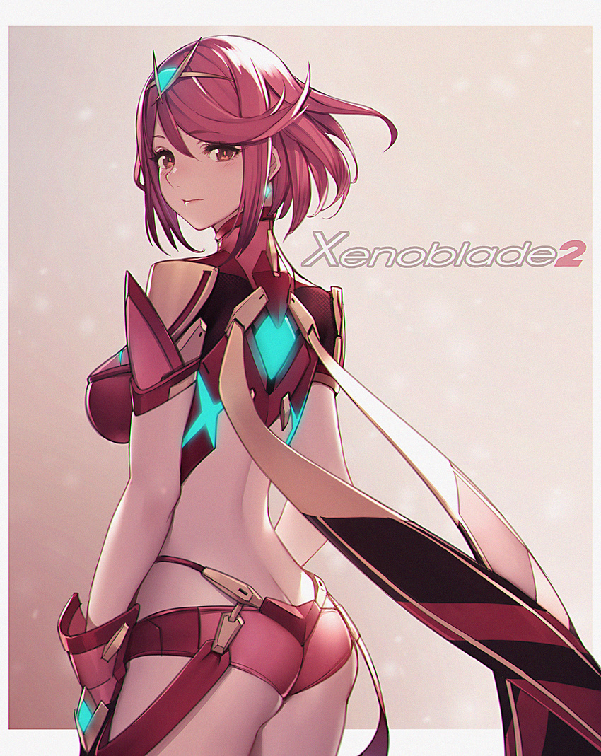 ass bangs bikini_bottom blush breasts brown_eyes butt_crack closed_mouth commentary_request copyright_name cowboy_shot earrings from_behind hair_between_eyes headpiece highres homura_(xenoblade_2) jewelry lips looking_at_viewer looking_back medium_breasts midriff pen_(steelleets) red_hair revealing_clothes short_hair sidelocks solo suspenders swept_bangs xenoblade_(series) xenoblade_2