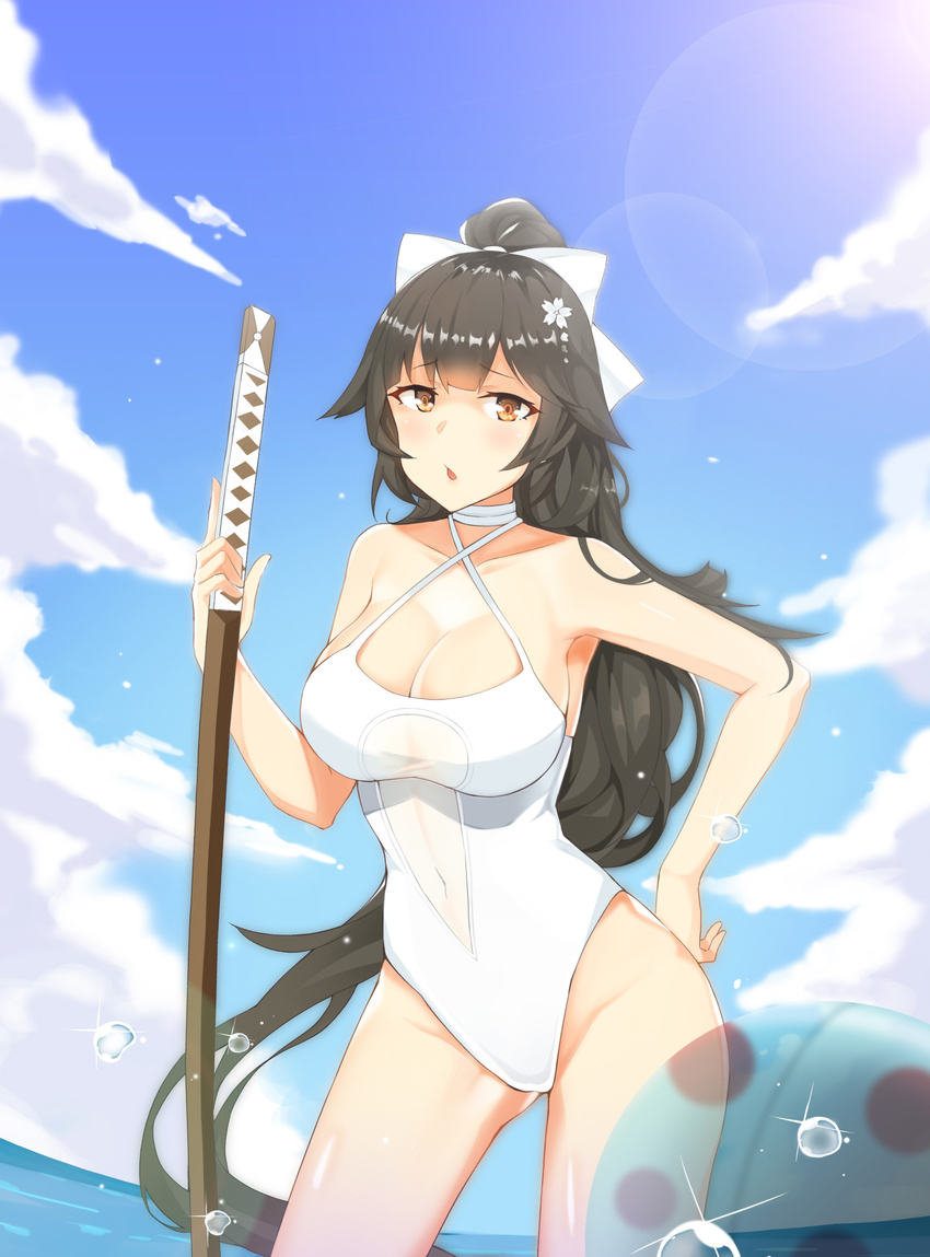 absurdres azur_lane ball beachball black_hair blue_sky bokken bow brown_eyes casual_one-piece_swimsuit cloud contrapposto cowboy_shot criss-cross_halter day hair_bow hair_flaps hair_ribbon halterneck highres holding holding_sword holding_weapon long_hair meng_ge_3_(565571710) one-piece_swimsuit outdoors ponytail ribbon sky solo standing swimsuit sword takao_(azur_lane) very_long_hair weapon white_bow white_swimsuit wooden_sword