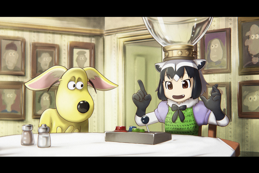 animal_ears black_hair brown_hair chromatic_aberration commentary_request common_raccoon_(kemono_friends) controller fang fennec_(kemono_friends) fox_ears frame fusion grey_hair gromit kemono_friends letterboxed movie_reference multicolored_hair nick_park_(style) open_mouth parody pepper_shaker raccoon_ears salt_shaker smile table ueyama_michirou wallace_and_gromit