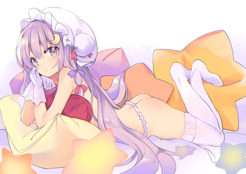 ass bow crescent crescent_hair_ornament crossed_ankles cushion eyebrows_visible_through_hair from_side gloves hair_bow hair_ornament hat kedama_milk long_hair looking_at_viewer lying mob_cap no_shoes on_stomach panties parted_lips patchouli_knowledge purple_eyes purple_hair solo thighhighs thong touhou underwear underwear_only very_long_hair white_gloves white_legwear