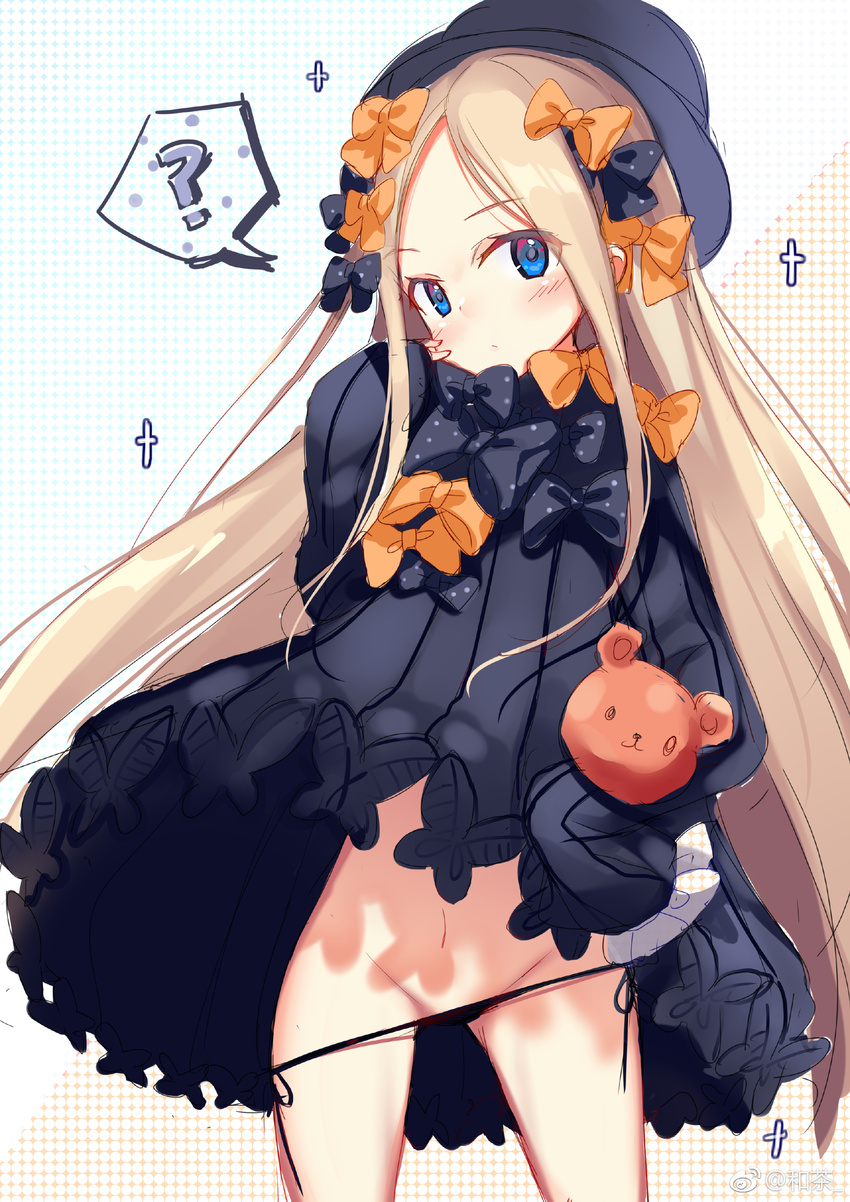 ? abigail_williams_(fate/grand_order) absurdres bangs black_bow black_dress black_hat black_panties blonde_hair blue_eyes blush bow bug butterfly closed_mouth cowboy_shot cross dress eyebrows_visible_through_hair fate/grand_order fate_(series) groin hat head_tilt hecha_(swy1996228) highres insect long_hair long_sleeves looking_at_viewer navel object_hug orange_bow panties panty_pull parted_bangs polka_dot polka_dot_bow side-tie_panties sketch sleeves_past_wrists solo sparkle spoken_question_mark stuffed_animal stuffed_toy teddy_bear underwear very_long_hair weibo_username