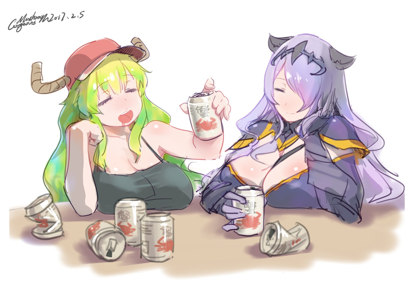 :d absurdres bangs bare_arms bare_shoulders beer_can blonde_hair breast_rest breasts camilla_(fire_emblem_if) camisole can cleavage closed_eyes closed_mouth commentary_request dated dragon_girl drooling drunk eyebrows_visible_through_hair facing_viewer fire_emblem fire_emblem_if gauntlets gorgeous_mushroom green_hair hair_over_one_eye headpiece highres horns huge_breasts kobayashi-san_chi_no_maidragon large_breasts long_hair multicolored_hair multiple_girls open_mouth purple_hair quetzalcoatl_(maidragon) signature sitting sketch smile table