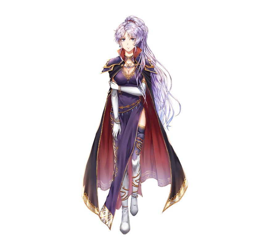 boots bracelet breasts cape cleavage dress earrings elbow_gloves expressionless fire_emblem fire_emblem:_seisen_no_keifu gloves hand_on_own_arm ishtar_(fire_emblem) jewelry large_breasts long_hair pauldrons ponytail silver_eyes silver_hair solo thigh_boots thighhighs wani_(fadgrith)