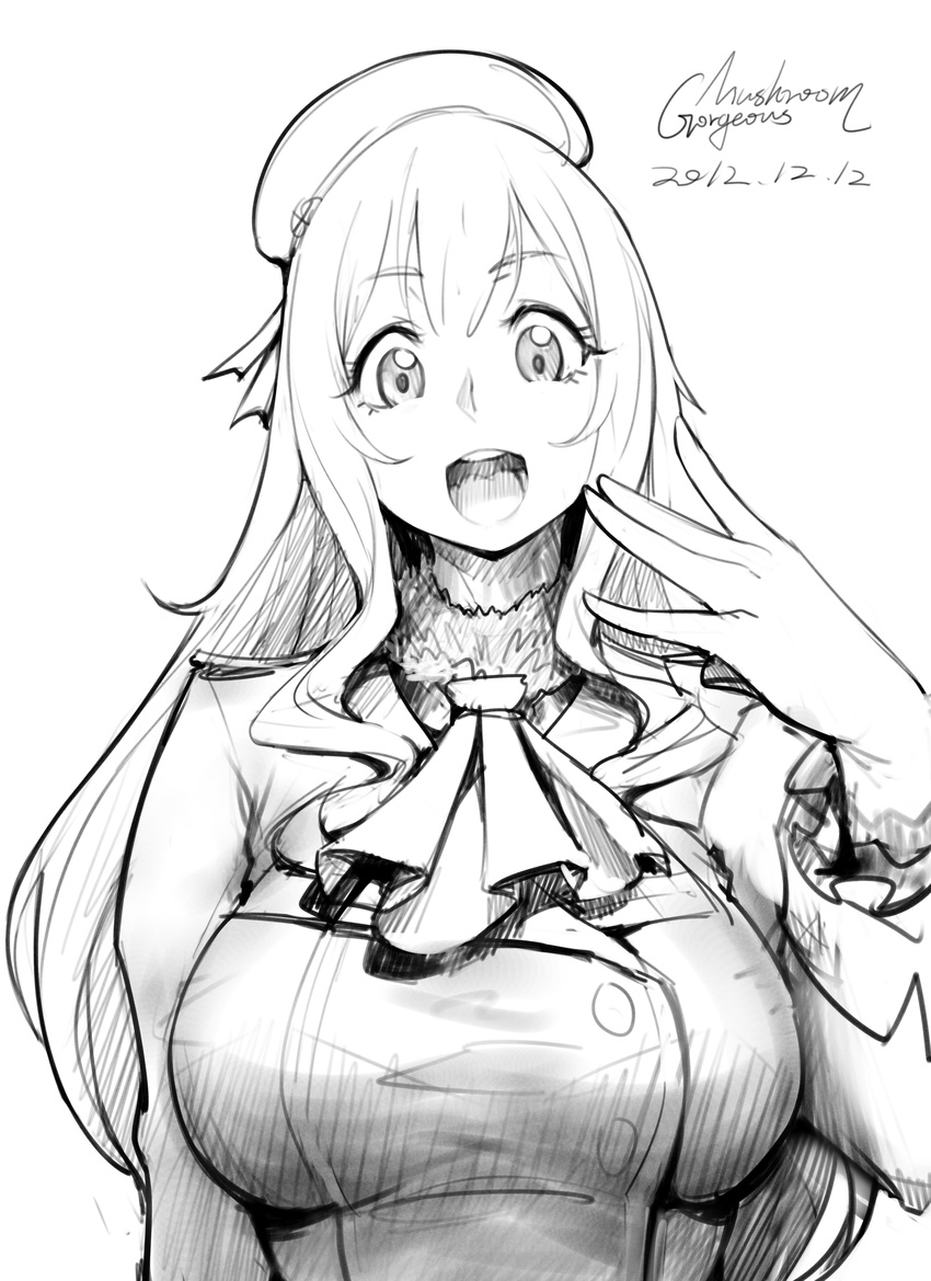 :d absurdres atago_(kantai_collection) beret breasts commentary_request cravat dated eyebrows_visible_through_hair gorgeous_mushroom greyscale hand_up hat highres kantai_collection large_breasts long_hair long_sleeves looking_at_viewer military military_jacket military_uniform monochrome open_mouth signature smile solo uniform