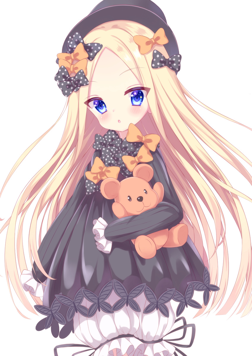 :o abigail_williams_(fate/grand_order) absurdres bangs black_bow black_dress black_hat blonde_hair bloomers blue_eyes blush bow bug butterfly commentary_request dress eyebrows_visible_through_hair fate/grand_order fate_(series) hair_bow hakuto_momiji hat head_tilt highres insect long_hair long_sleeves looking_at_viewer object_hug orange_bow parted_bangs parted_lips polka_dot polka_dot_bow simple_background sleeves_past_wrists solo star star_in_eye stuffed_animal stuffed_toy symbol_in_eye teddy_bear underwear very_long_hair white_background white_bloomers