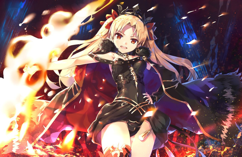 :d black_cape black_dress black_panties blonde_hair bow breasts brown_eyes cape commentary_request cowboy_shot crown cura dress earrings ereshkigal_(fate/grand_order) eyebrows_visible_through_hair fate/grand_order fate_(series) fire fur_trim hair_bow jewelry long_hair medium_breasts open_mouth panties red_bow smile solo sparks spine standing thighhighs two_side_up underwear