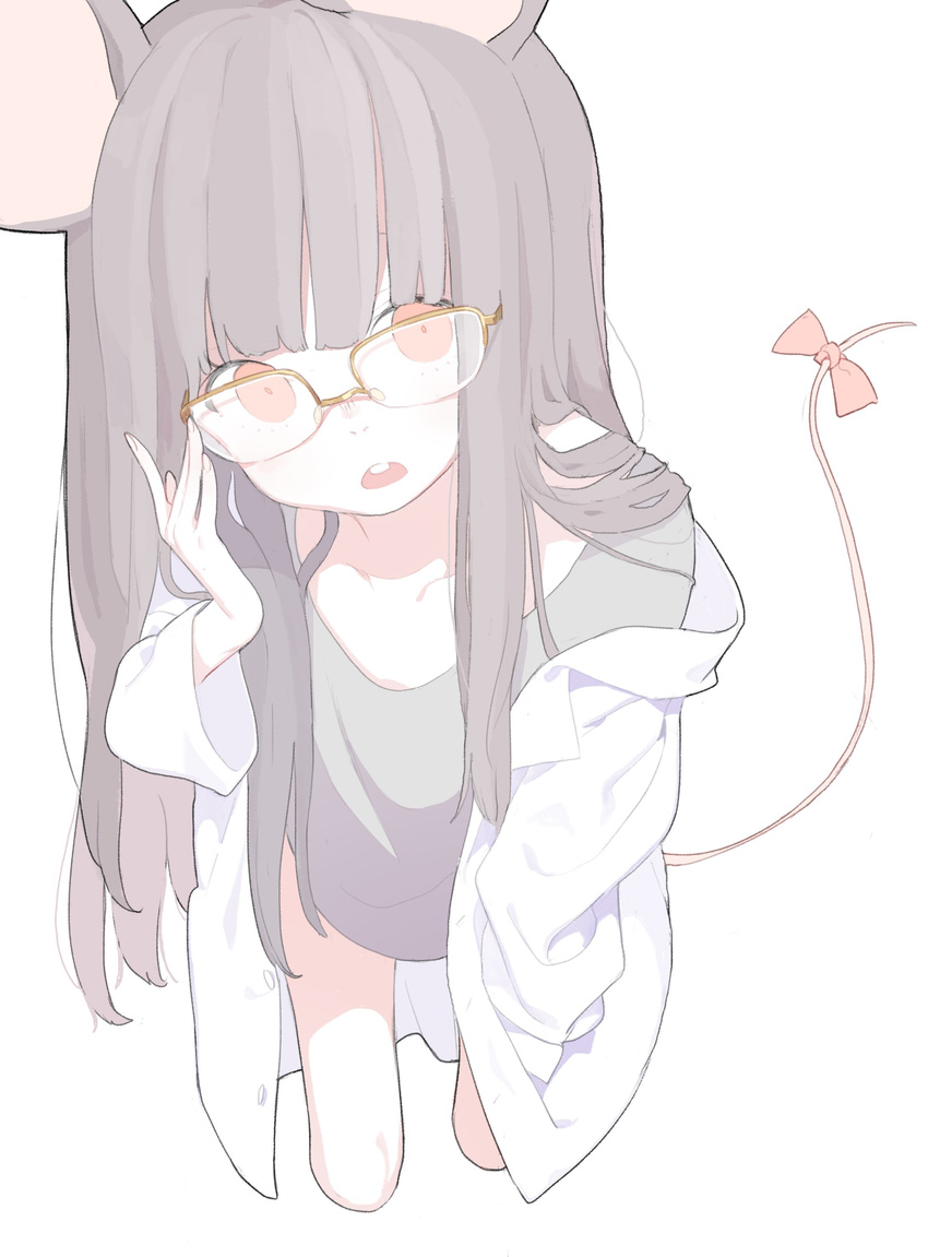 absurdres adjusting_eyewear animal_ears bangs blunt_bangs bow camisole cowboy_shot cropped_legs doremi fingernails grey_hair hand_in_pocket hand_up highres labcoat leaning_forward long_hair long_sleeves looking_at_viewer mouse_ears mouse_girl mouse_tail open_mouth original over-rim_eyewear red_bow red_eyes semi-rimless_eyewear simple_background solo tail tail_bow upper_teeth white_background yellow-framed_eyewear