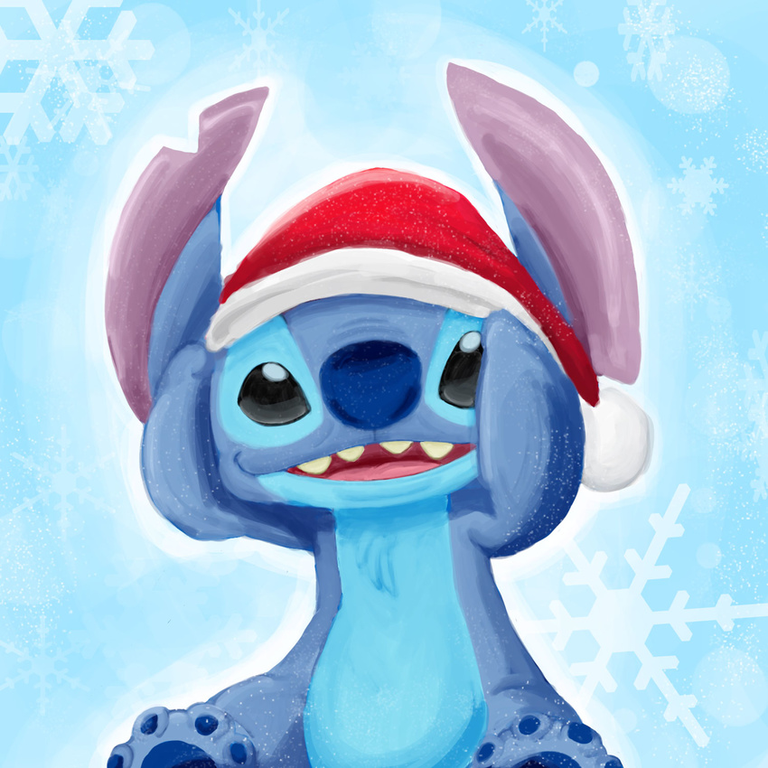 2014 4_toes alien black_eyes blue_background blue_fur blue_nose chest_tuft christmas digital_media_(artwork) digital_painting_(artwork) disney experiment_(species) fur harara hat hi_res holidays lilo_and_stitch looking_at_viewer notched_ear open_mouth open_smile santa_hat simple_background sitting smile snowflake solo stitch toes tuft winter